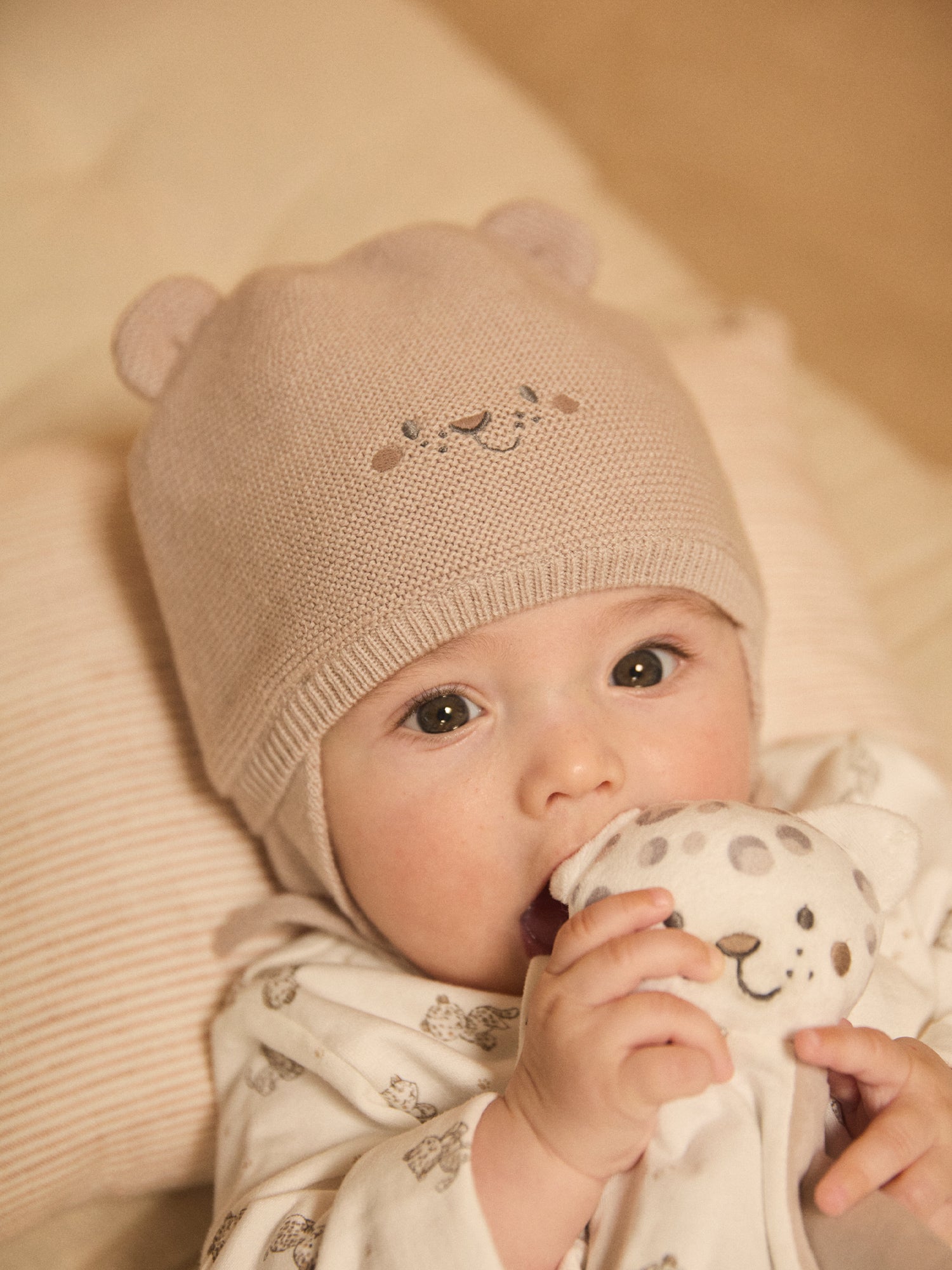 Cappello grigio in maglia con volto animale per neonato maschio