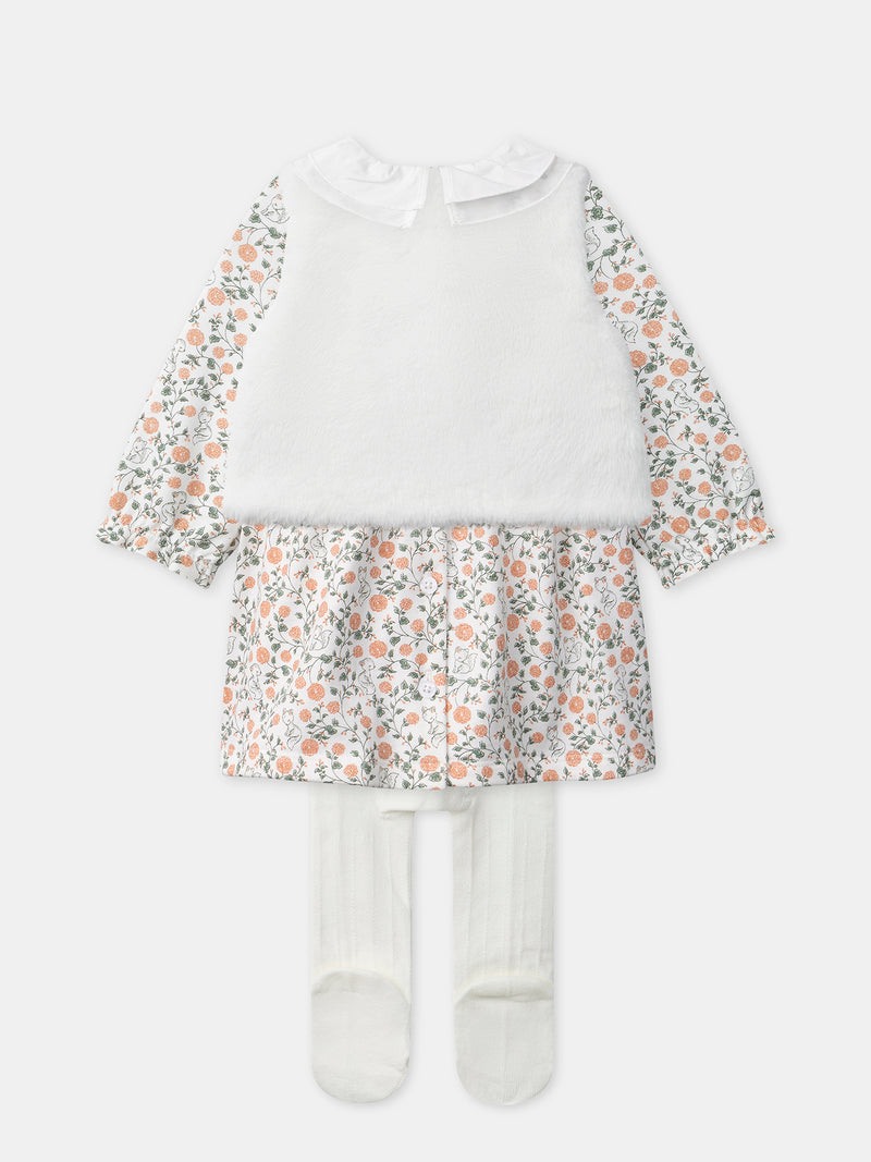 Set vestito con stampa floreale + cardigan + collant per bambina