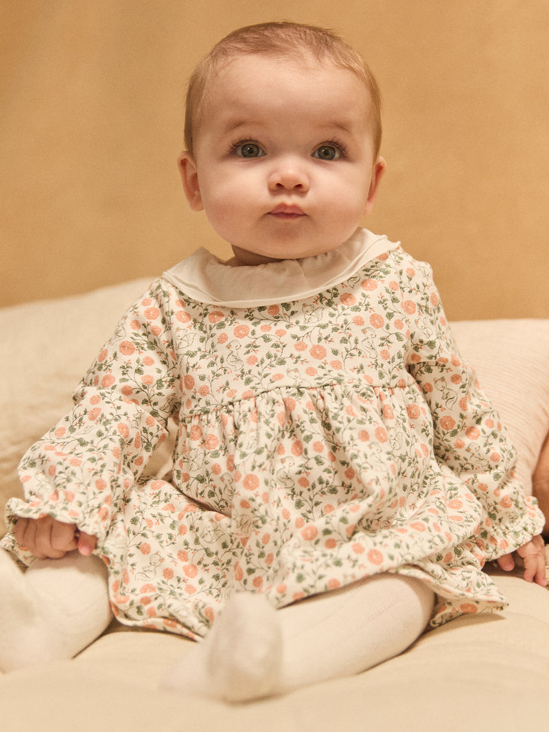 Set vestito con stampa floreale + cardigan + collant per bambina