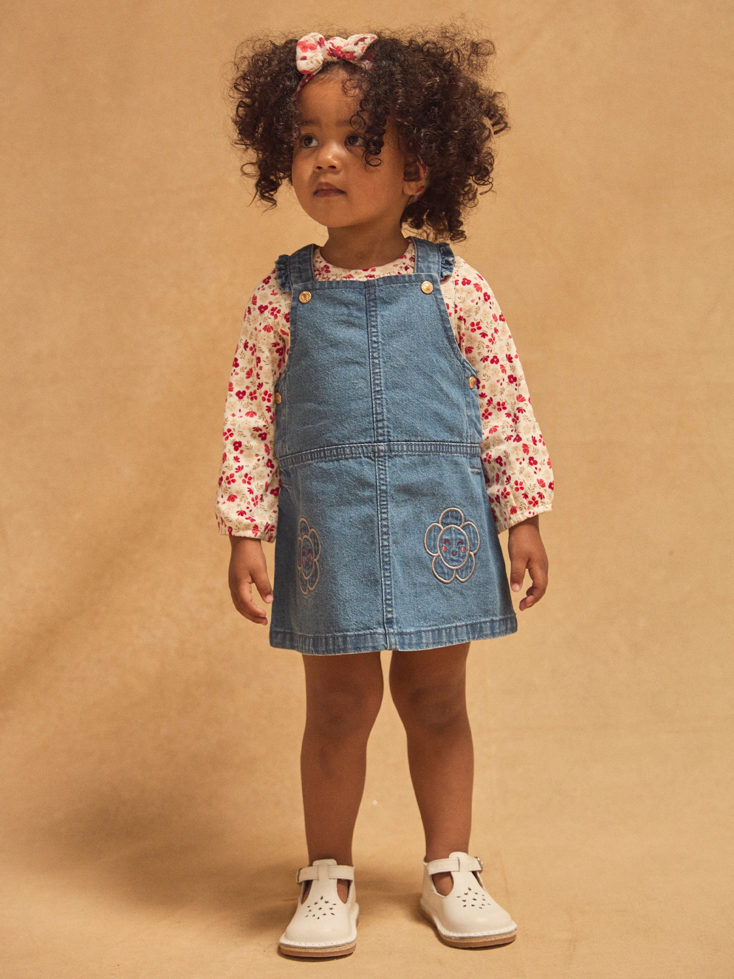 Completo Body a Stampa Floreale e Pinafore in Denim Bambina