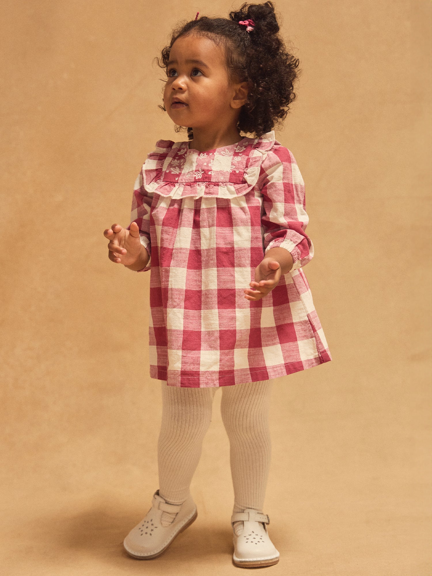 Abito a Check Bianco e Rosa con Ruffles per Bambina