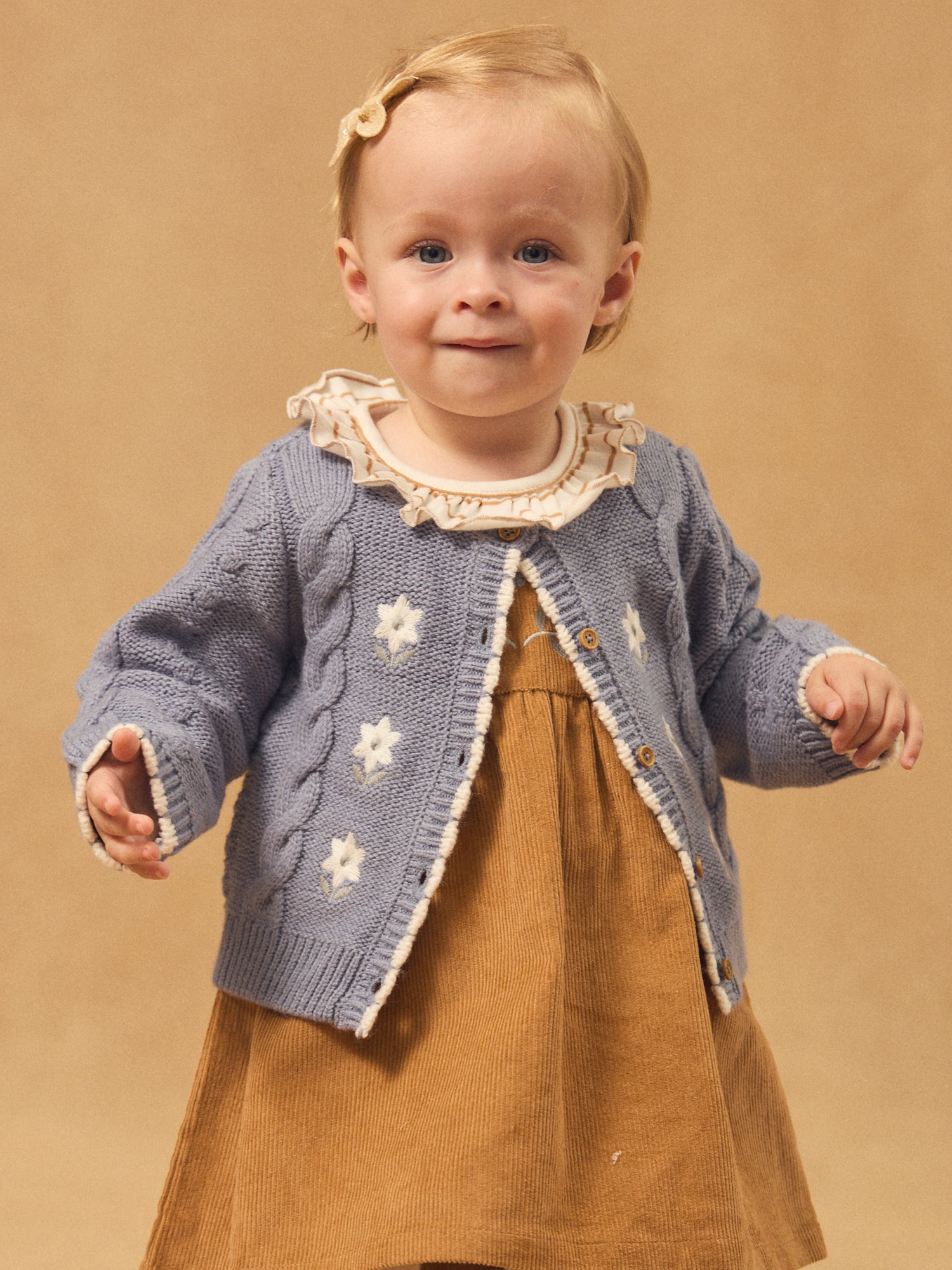 Cardigan Blu con Ricamo di Fiori per Bambina