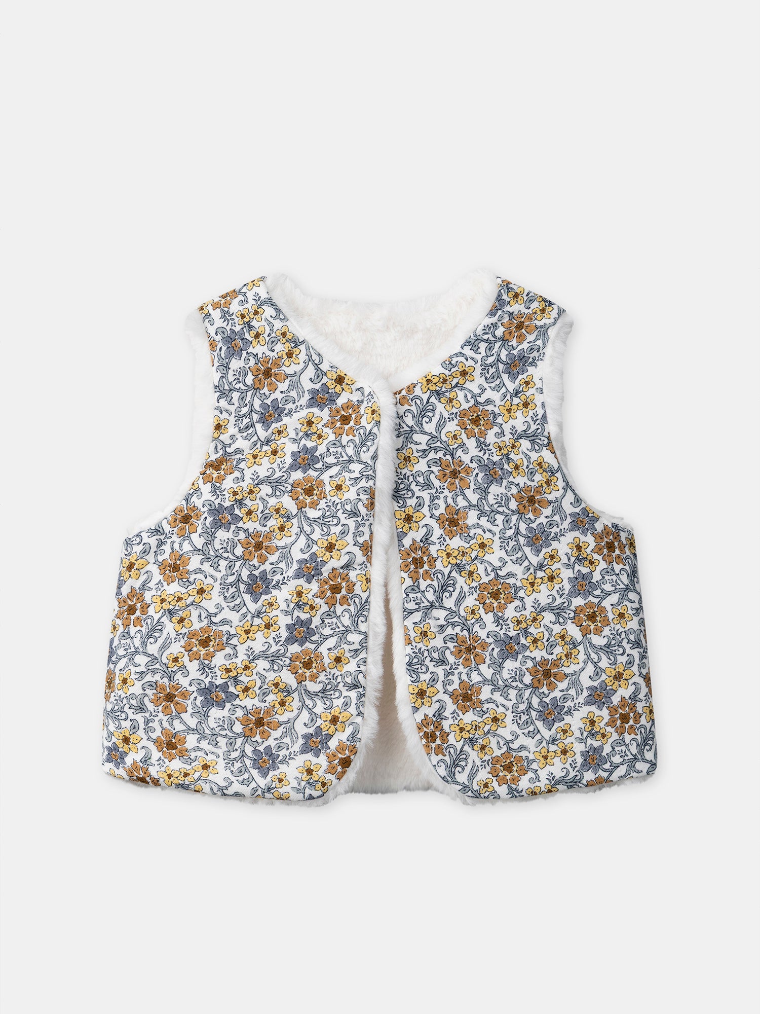 Gilet reversibile bianco in pelliccia o stampa floreale per bambina