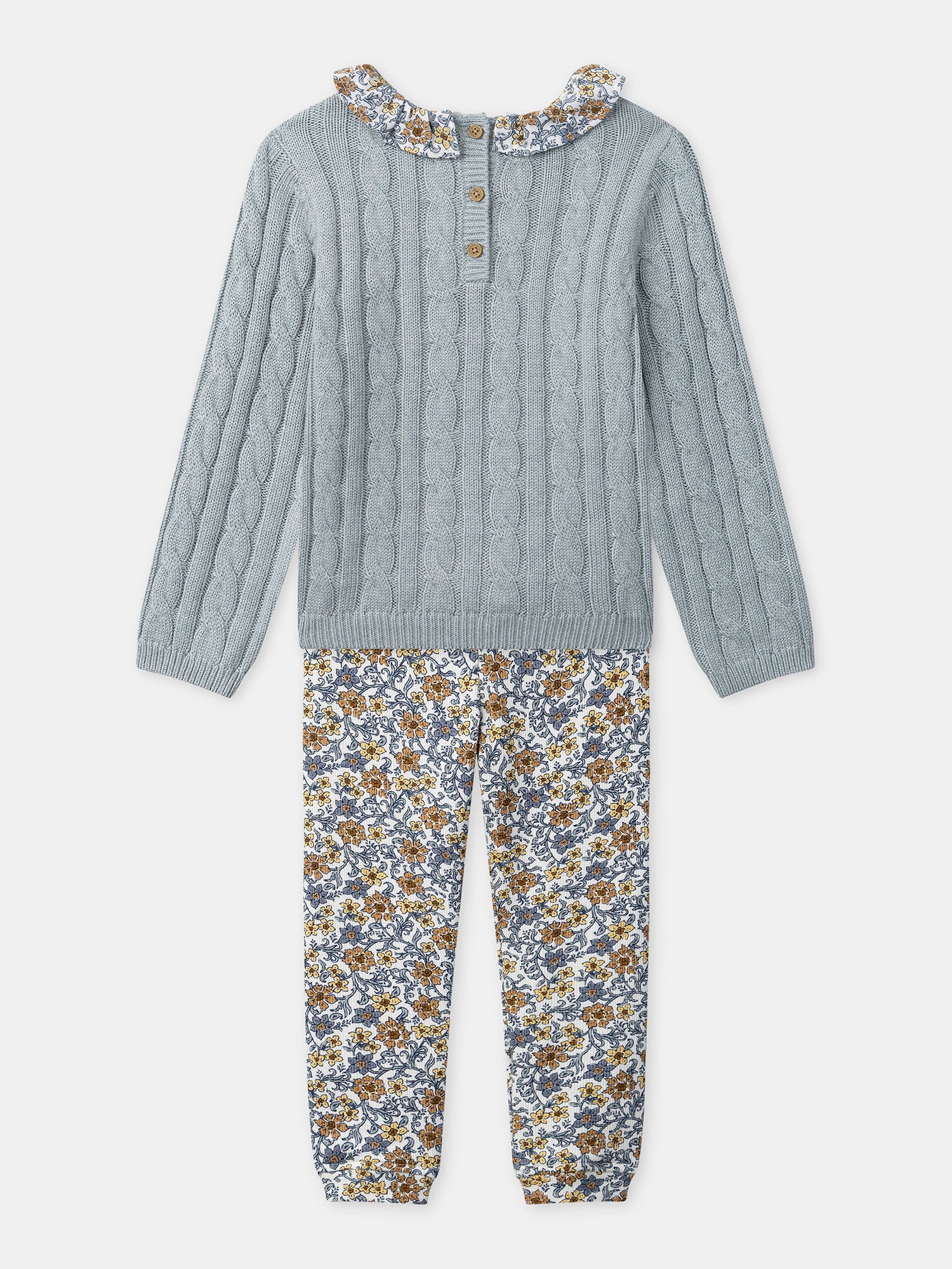 Set maglione blu sbiadito e leggings floreali per bambine