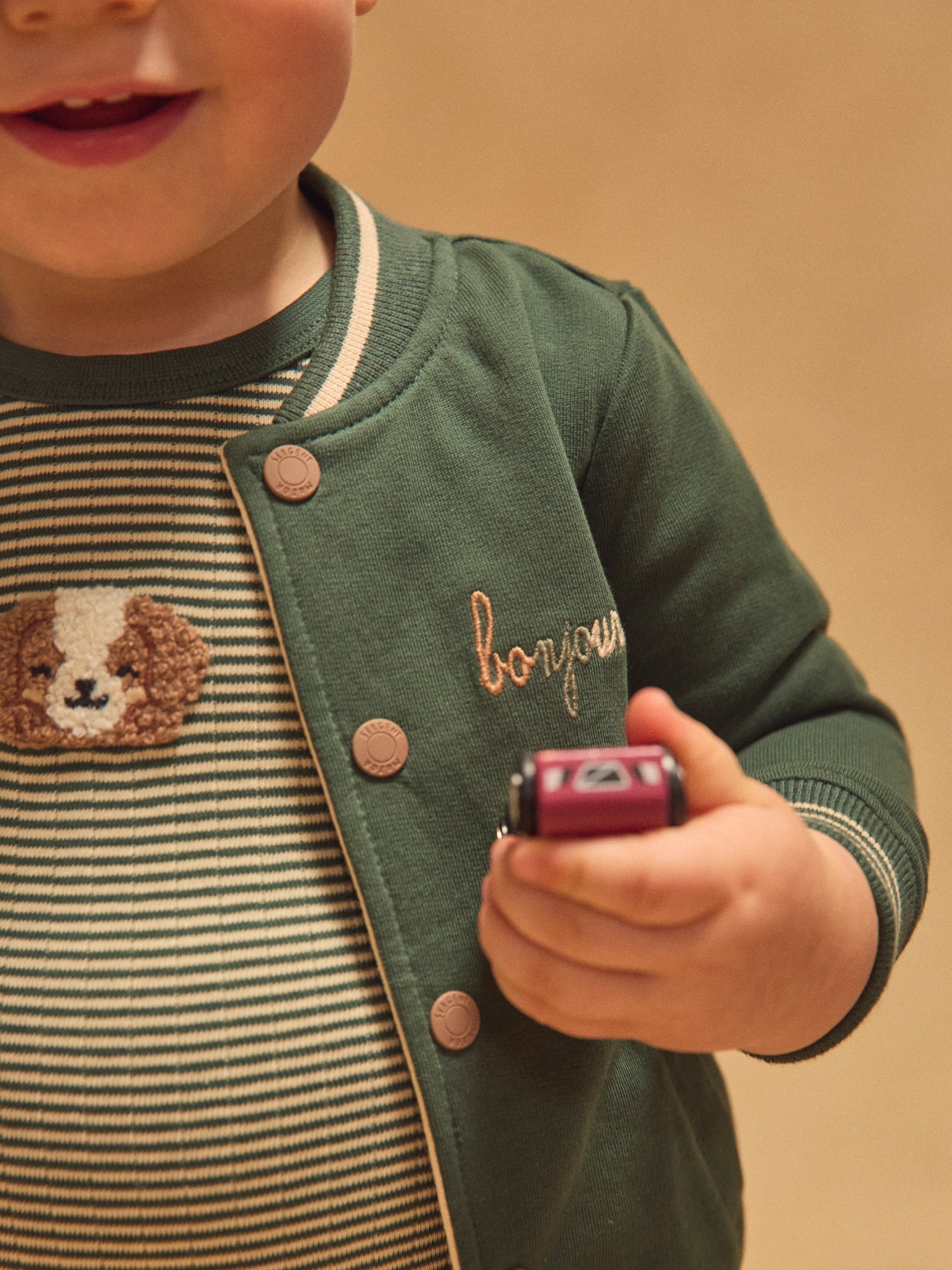 Teddy reversibile verde scuro unito o ecrù con cani stampati bambino