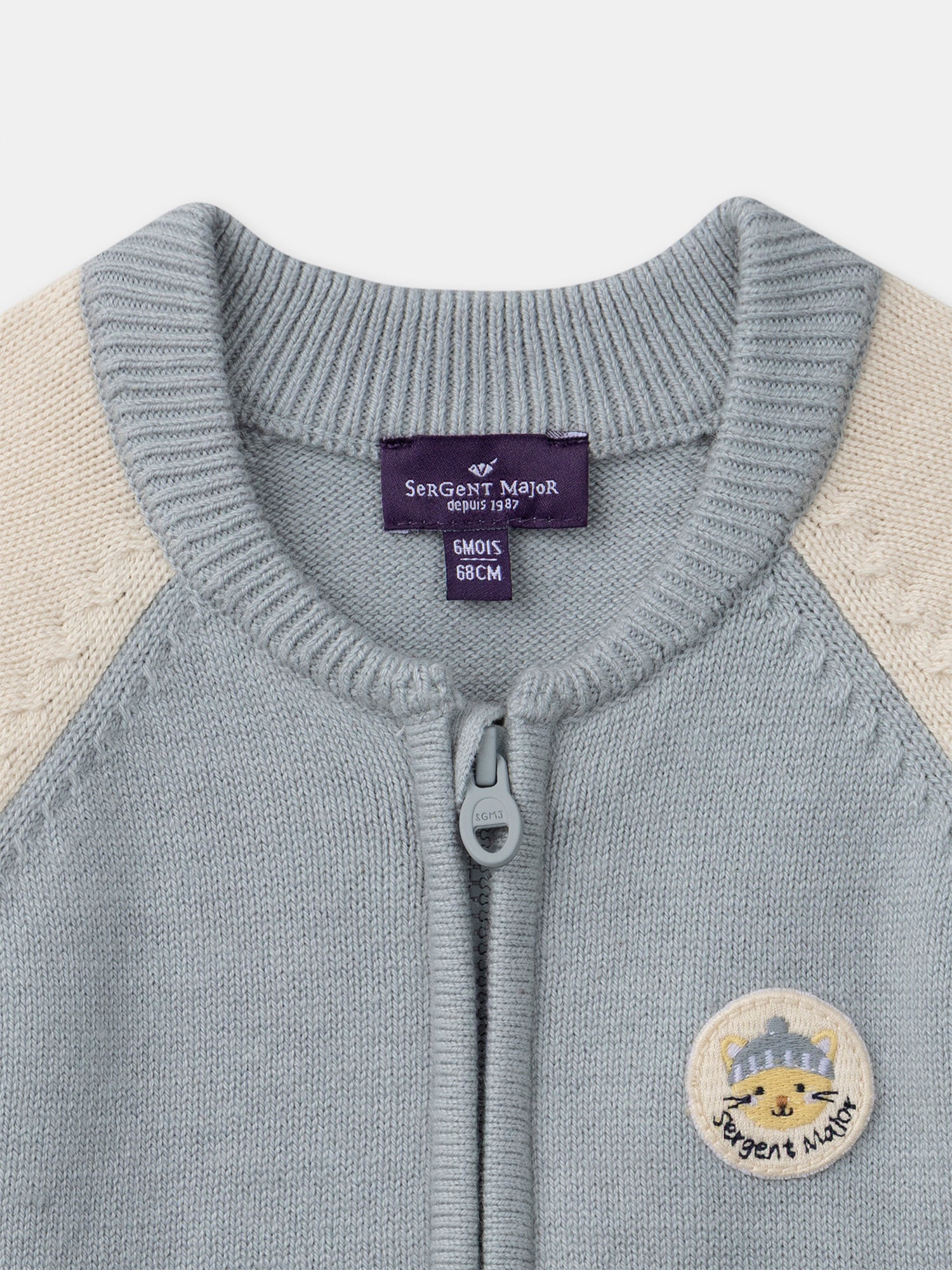 Cardigan blu-grigio e crema con zip per bambino