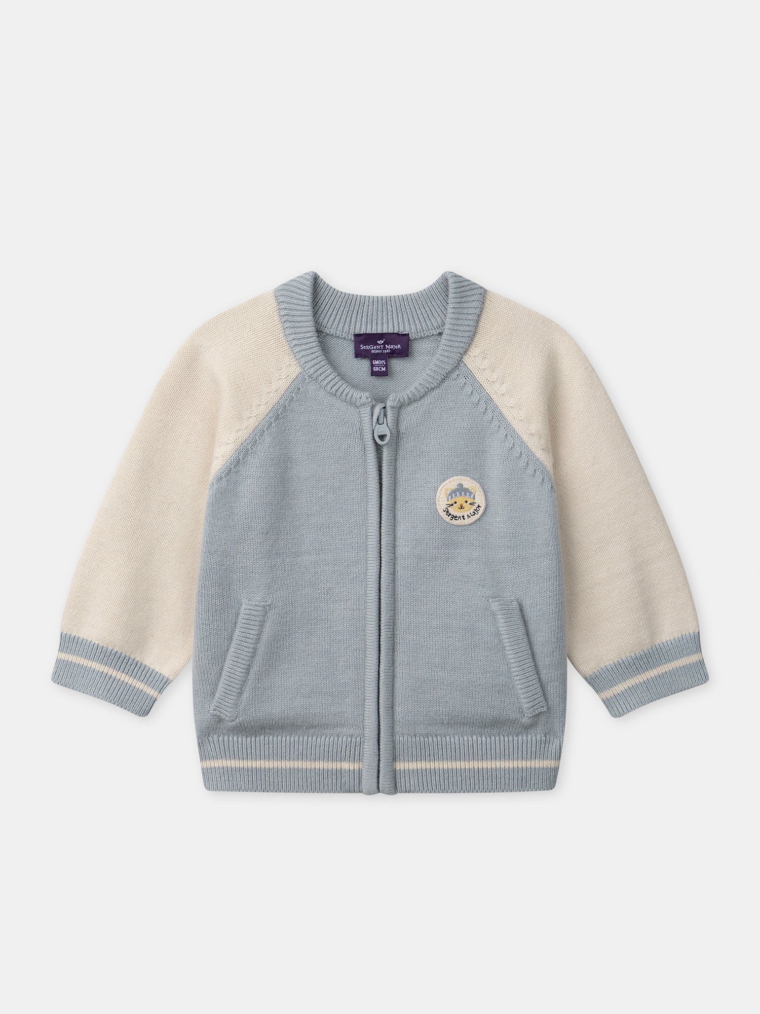 Cardigan blu-grigio e crema con zip per bambino