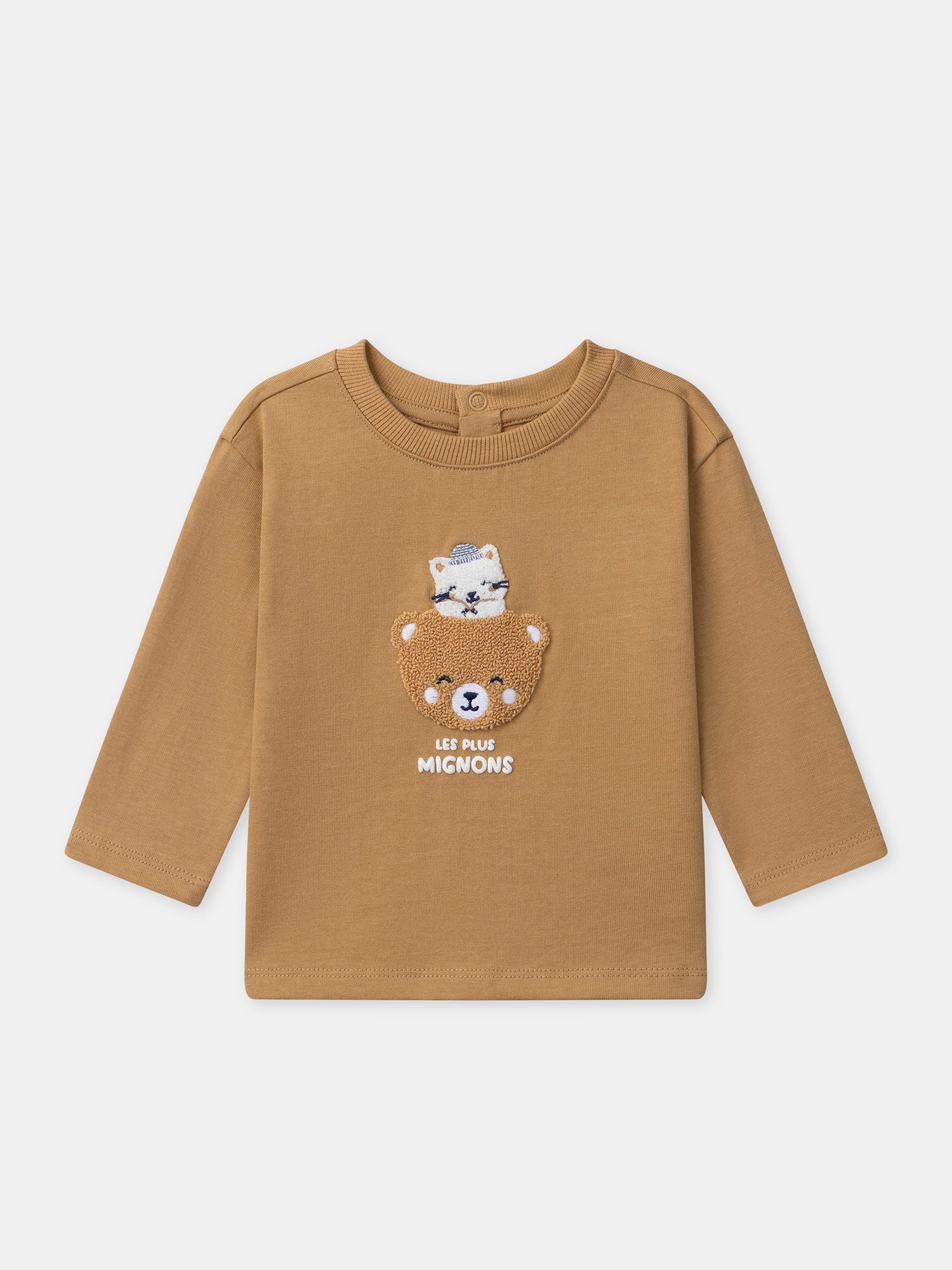 T-shirt marrone a maniche lunghe con patch orso per bambini