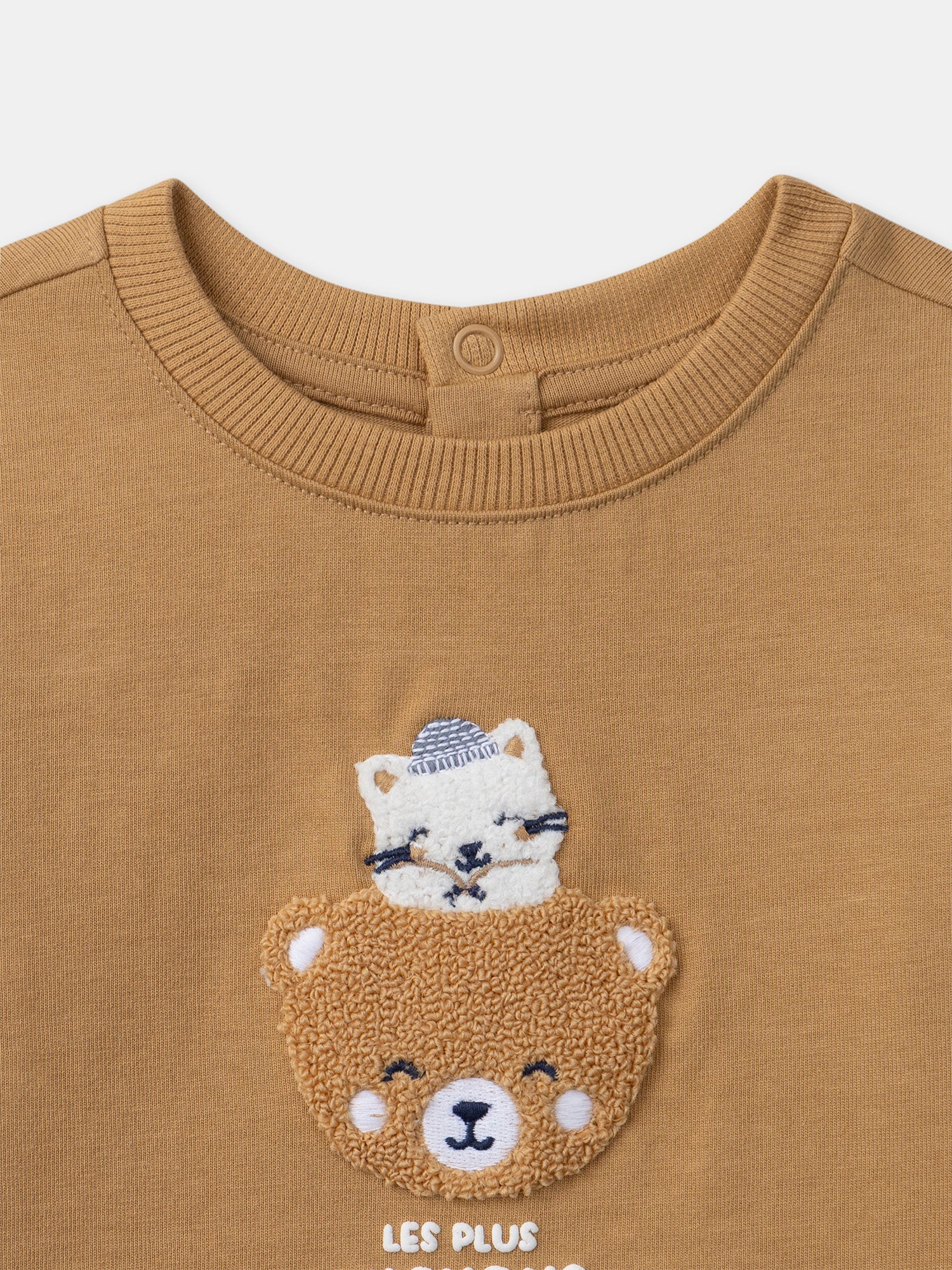 T-shirt marrone a maniche lunghe con patch orso per bambini
