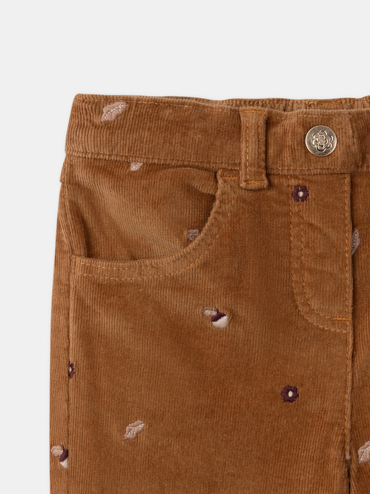 Pantaloni marroni in velluto a coste con ricamo di nappine per bambine
