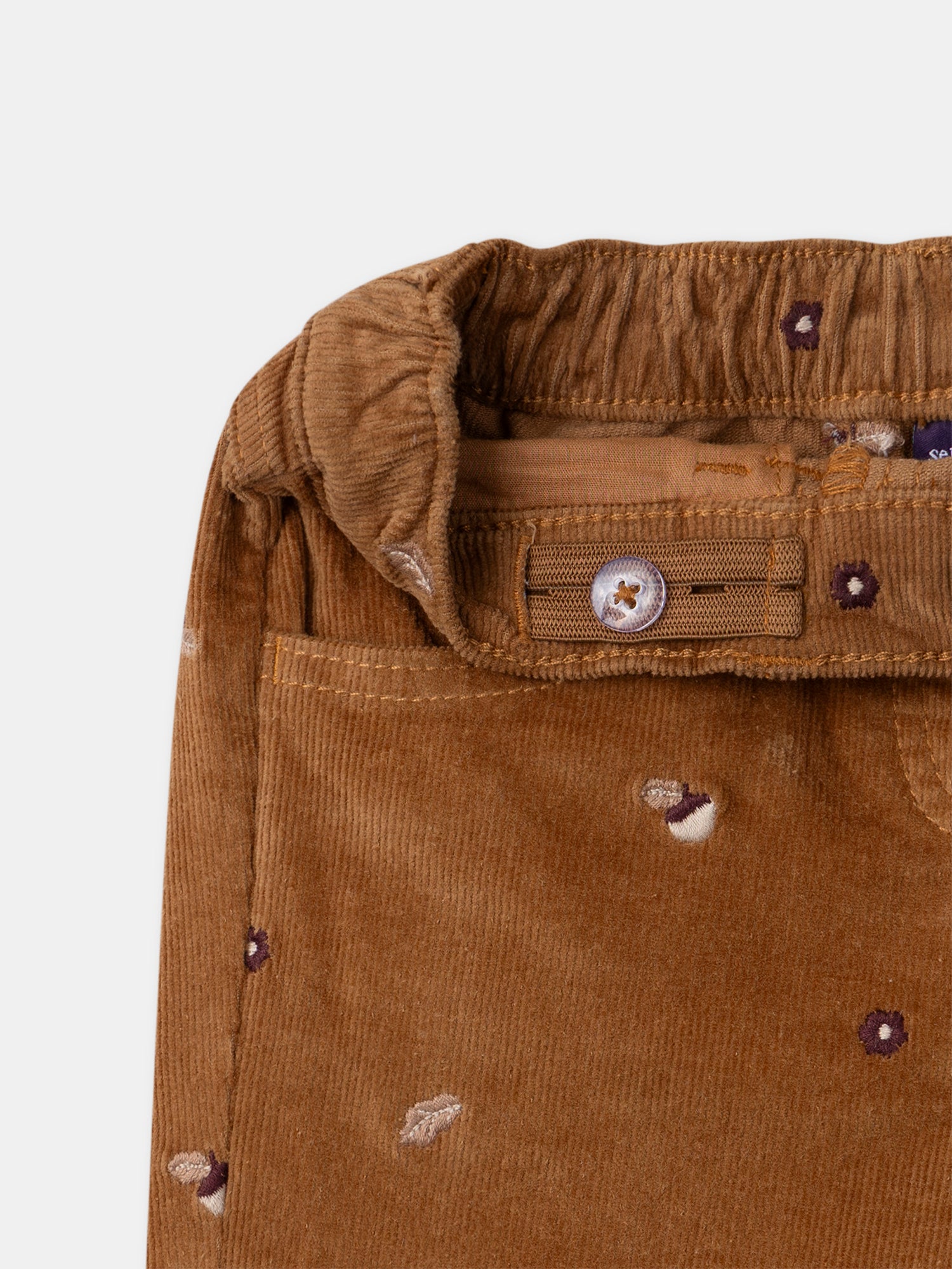 Pantaloni marroni in velluto a coste con ricamo di nappine per bambine