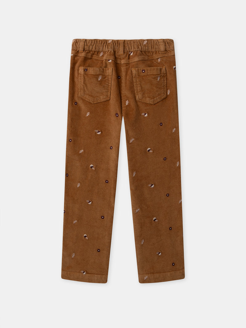 Pantalon marron en velours à broderie glands Fille