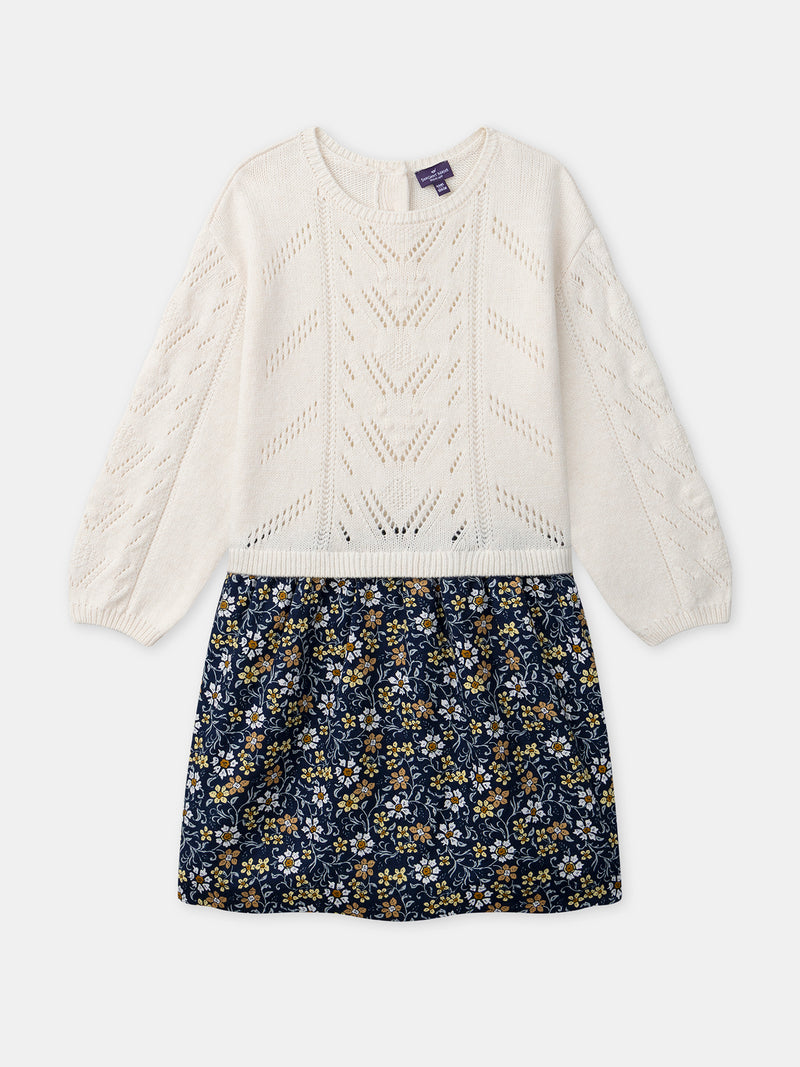 Vestito bicolore ecru con gonna stampata a fiori per ragazze
