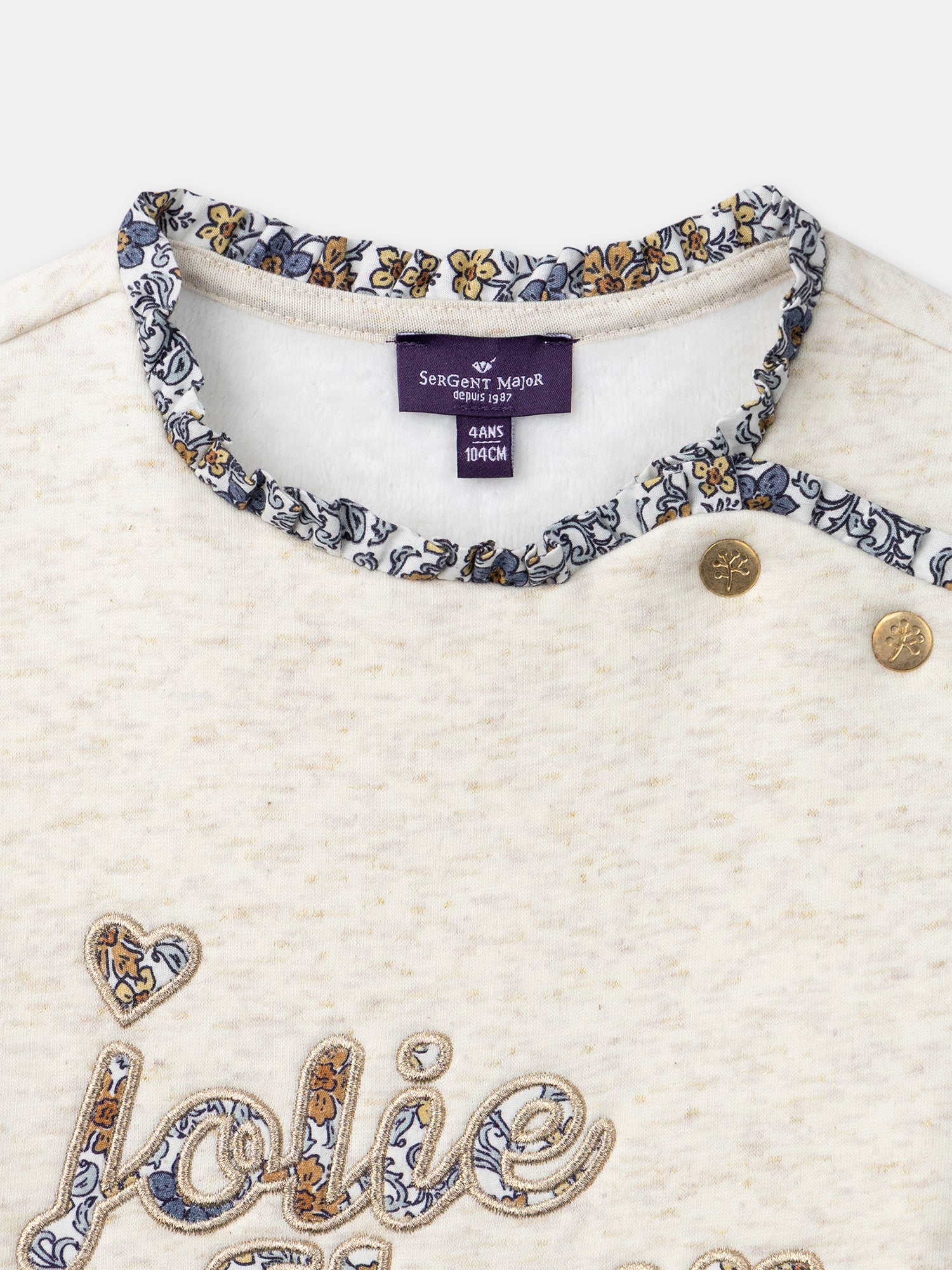 "Felpa ecru con ricamo ""Jolie Fleur"" per ragazze"