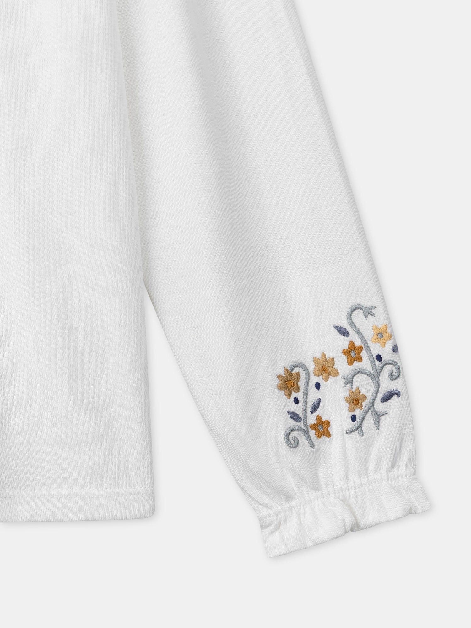 T-shirt bianca a maniche lunghe con colletto floreale per ragazze