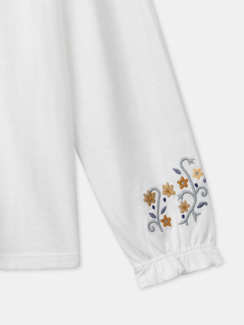 T-shirt bianca a maniche lunghe con colletto floreale per ragazze