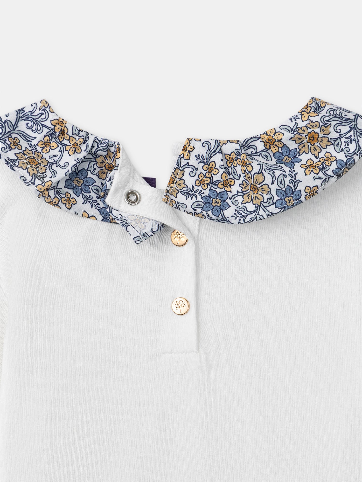 T-shirt bianca a maniche lunghe con colletto floreale per ragazze