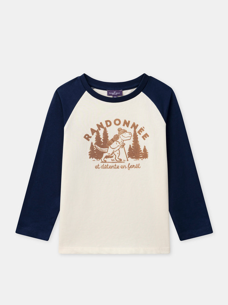 T-shirt a maniche lunghe blu e avorio con stampa di dinosauro per bambino