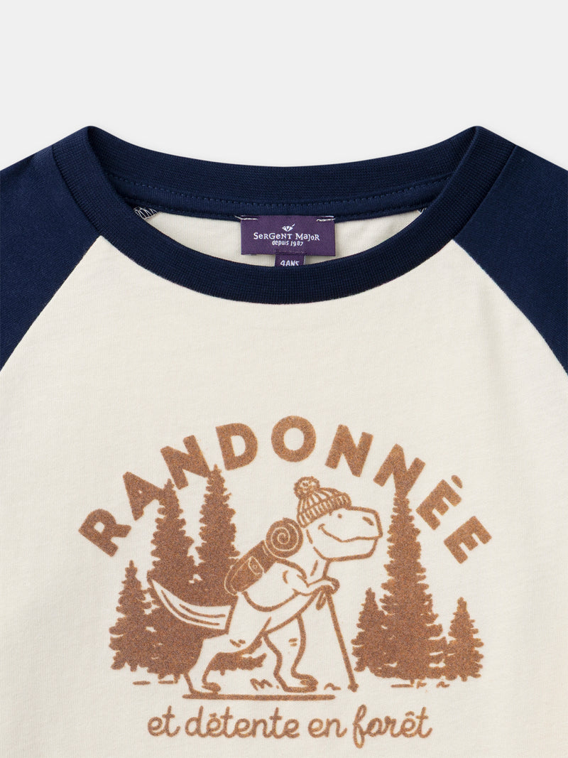 T-shirt a maniche lunghe blu e avorio con stampa di dinosauro per bambino