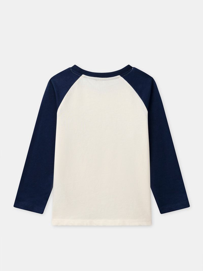 T-shirt a maniche lunghe blu e avorio con stampa di dinosauro per bambino