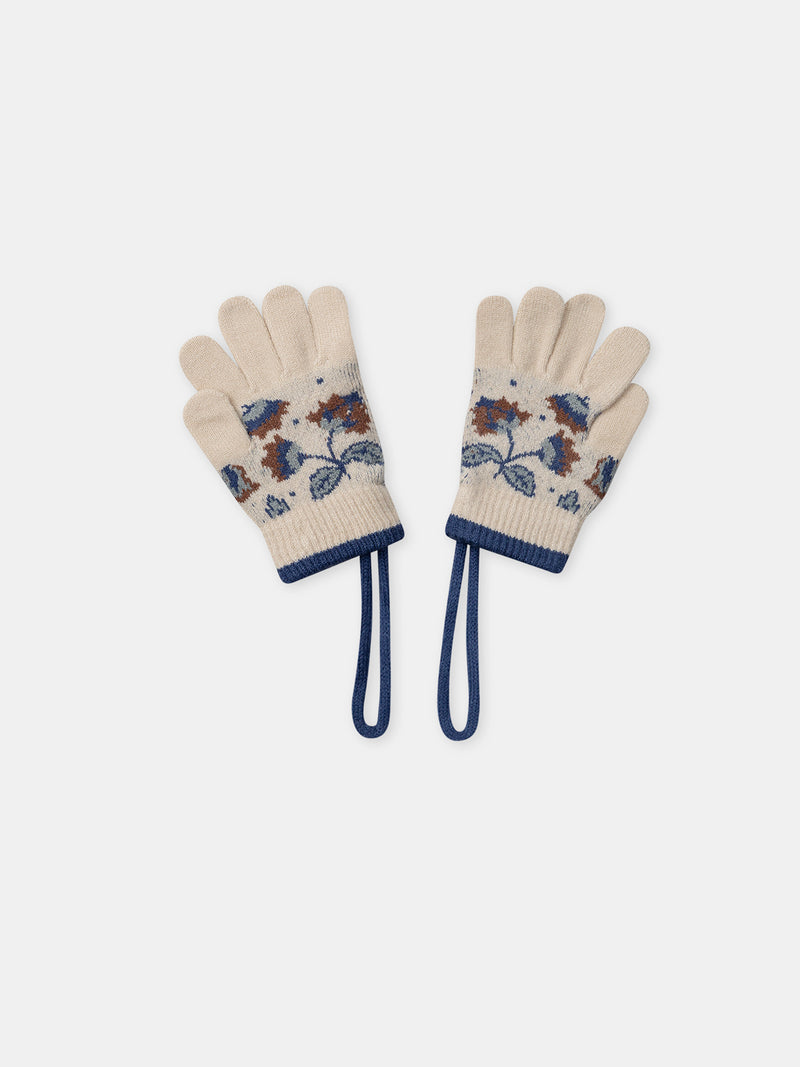Guanti beige con motivo floreale per ragazze