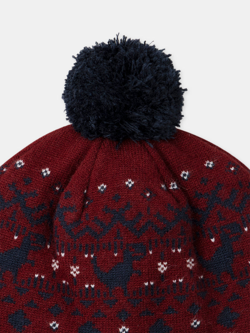 Berretto bordeaux con motivo dinosauro e pom pom per bambini