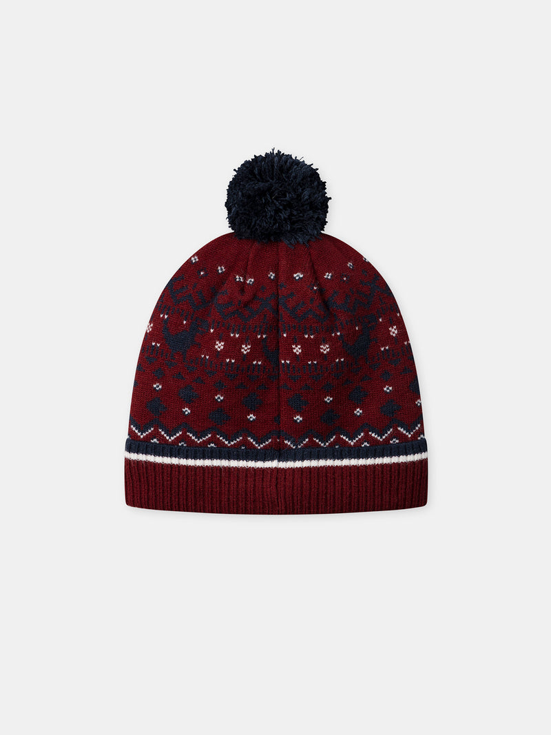 Berretto bordeaux con motivo dinosauro e pom pom per bambini