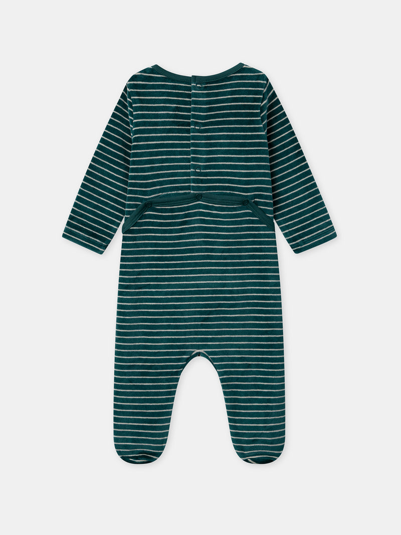 Pigiama verde in velluto con righe e ricami di funghi per bambini