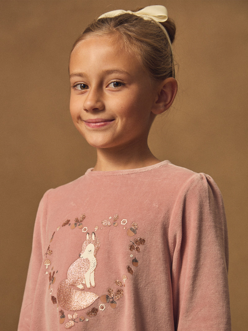 Camicia da notte rosa in velluto stampata con volpi e frange per ragazze