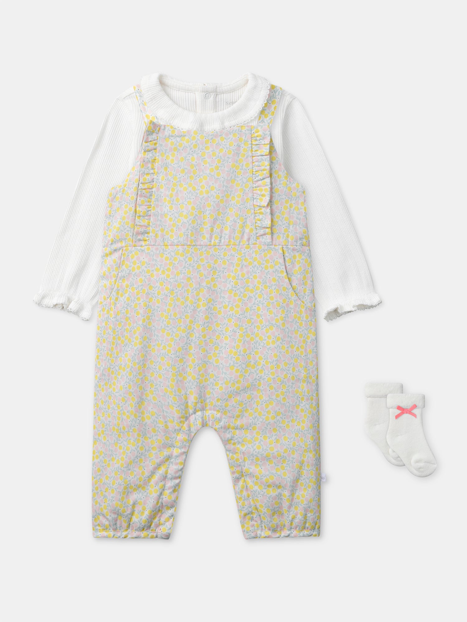 Ensemble combinaison fleuri + body écru + chaussettes à ruban Naissance Fille