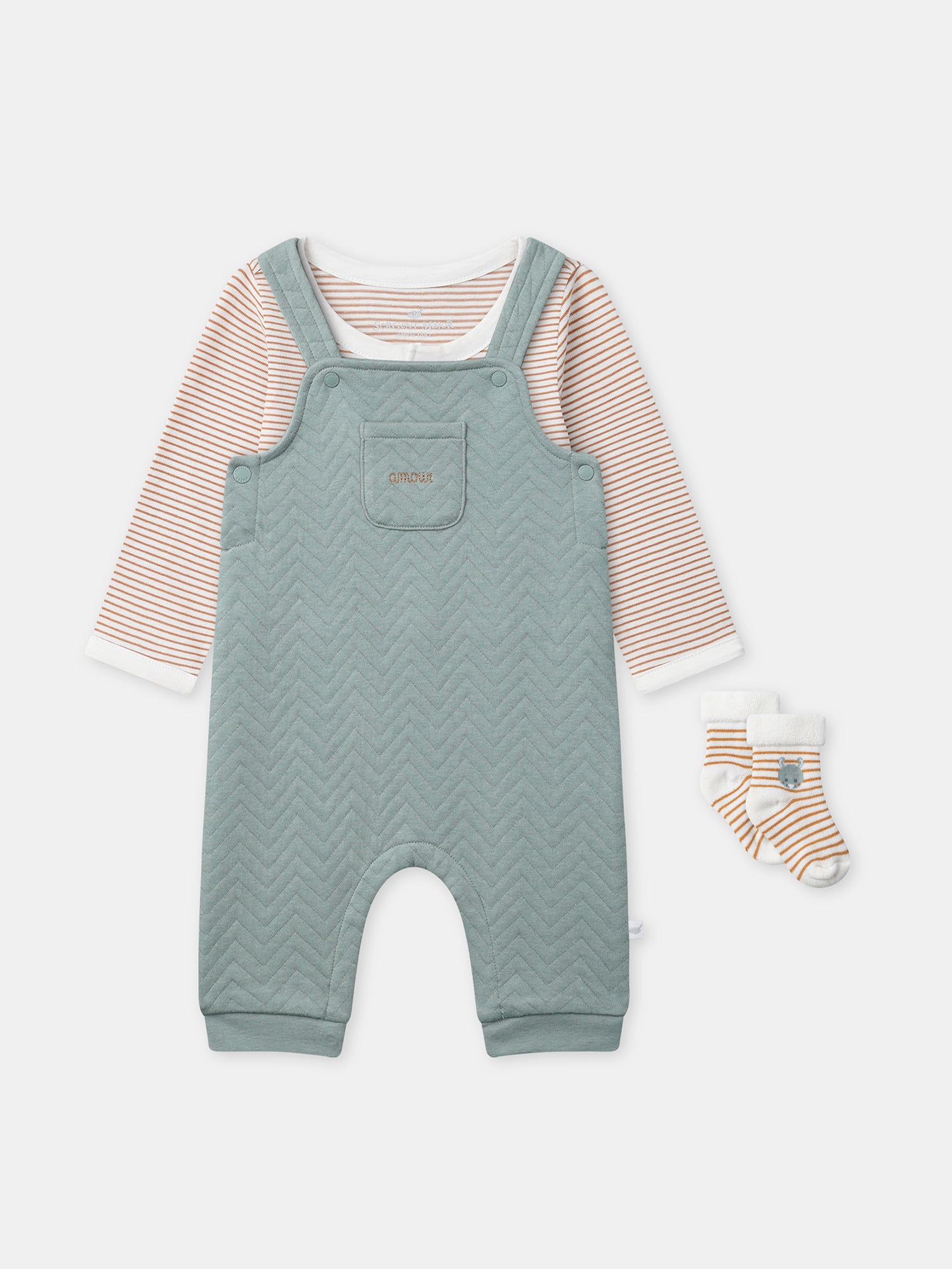 Ensemble salopette bleu grisée + body rayé + chaussettes Naissance Garçon