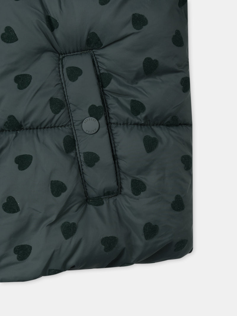 Giacca Piumino Verde Scuro con Stampa Cuore Bambina