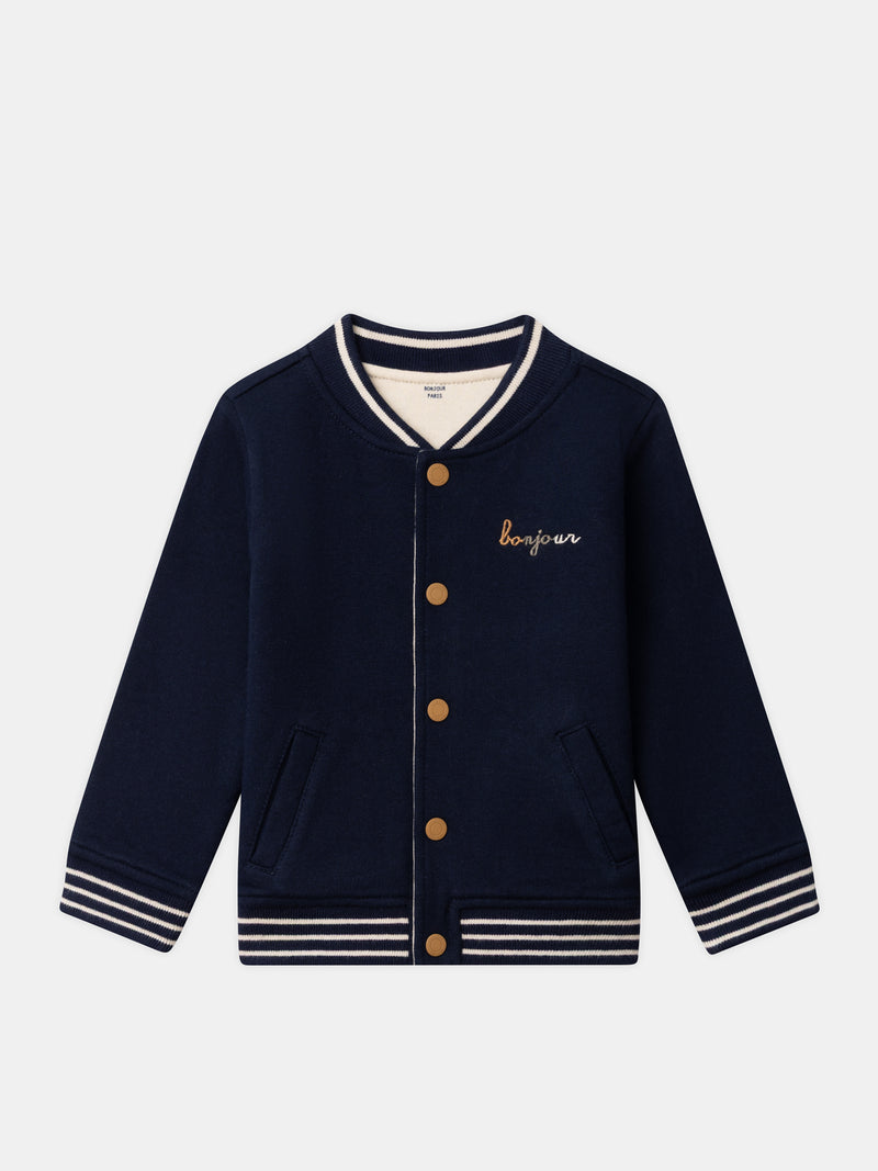 Teddy reversibile blu navy o écru con stampa di cani per bambino