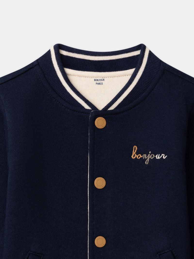 Teddy reversibile blu navy o écru con stampa di cani per bambino