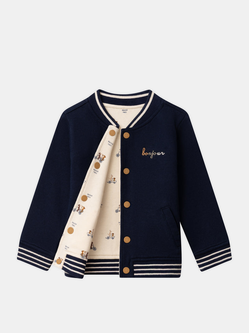 Teddy reversibile blu navy o écru con stampa di cani per bambino