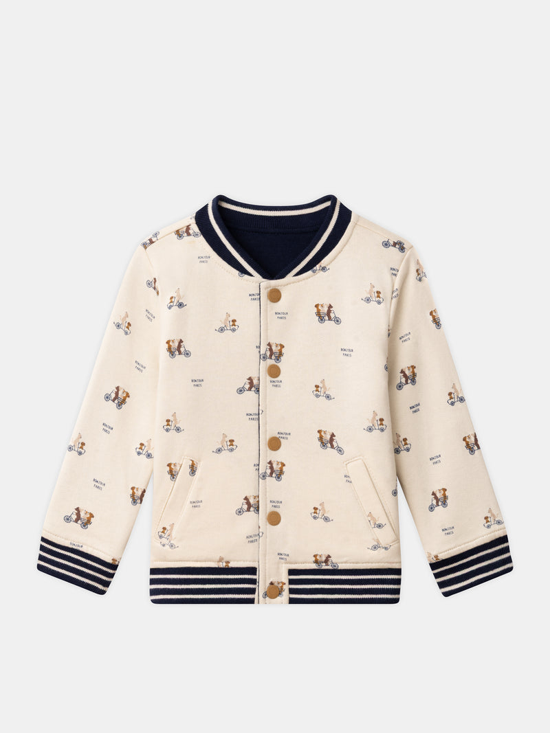 Teddy reversibile blu navy o écru con stampa di cani per bambino