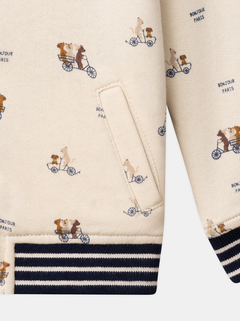 Teddy reversibile blu navy o écru con stampa di cani per bambino