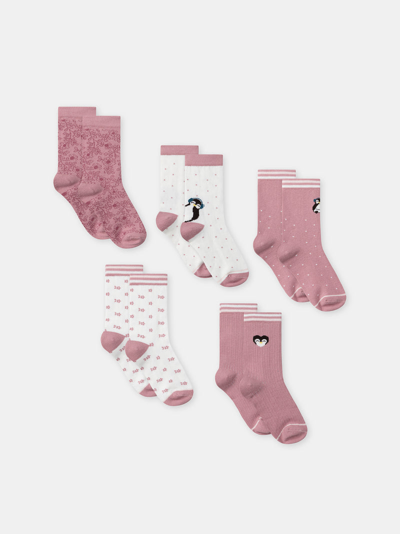 Pacco da 5 calzini rosa pinguini Ragazza