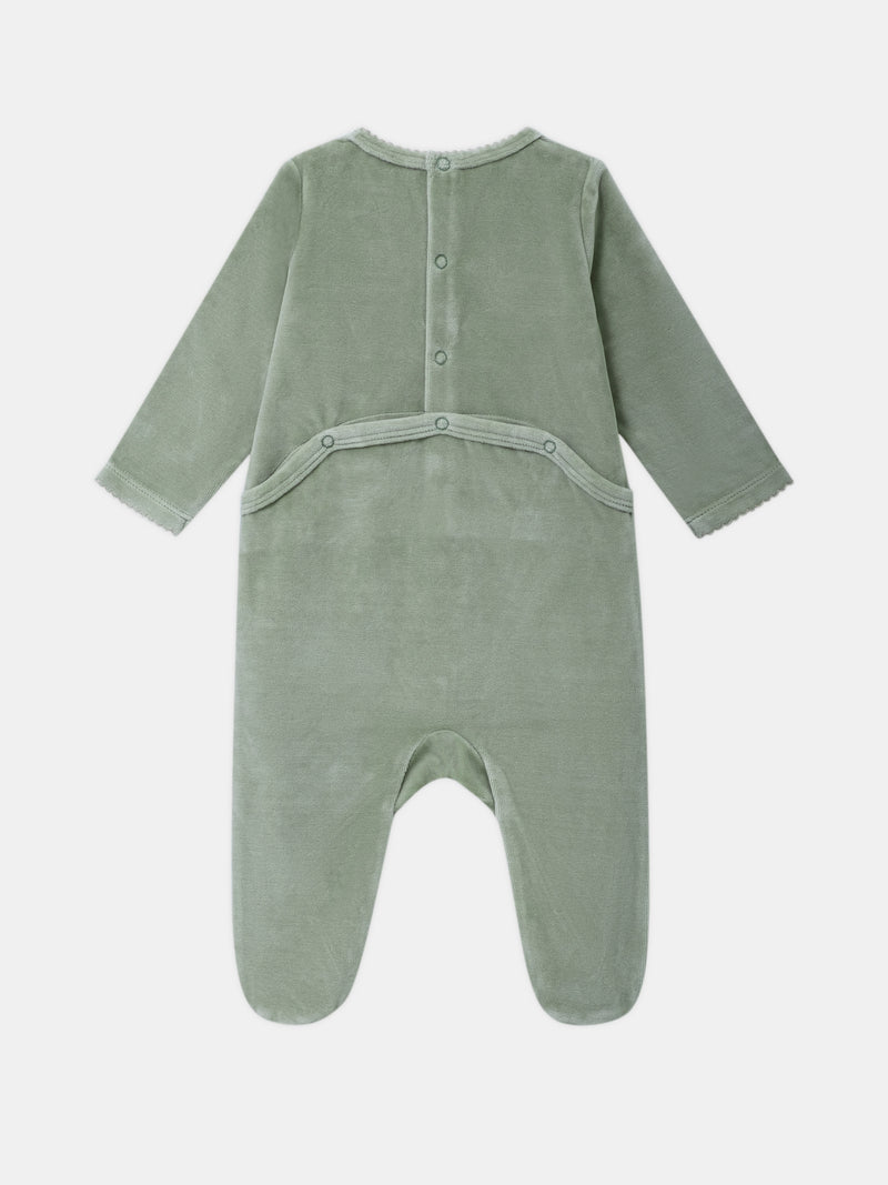 Tutina in velour verde salvia con ricamo di topo e frutti Bambina