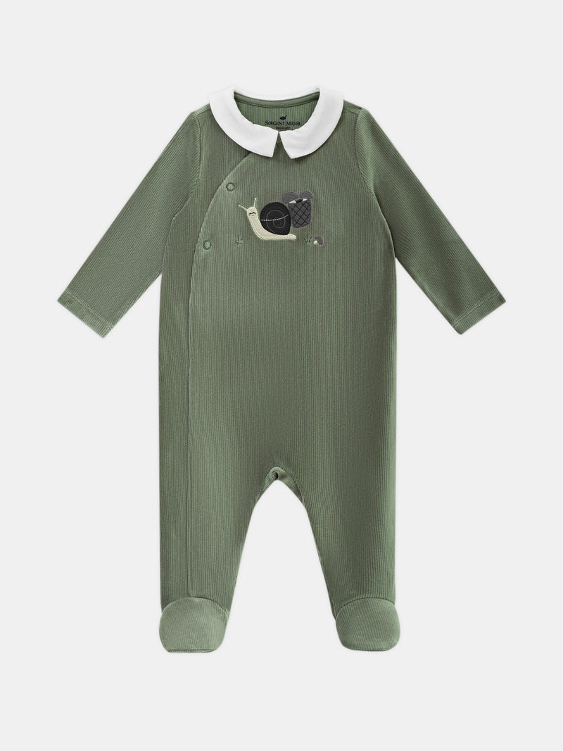 Tutina in velour verde grigiastro con ricamo a forma di lumaca Bambino