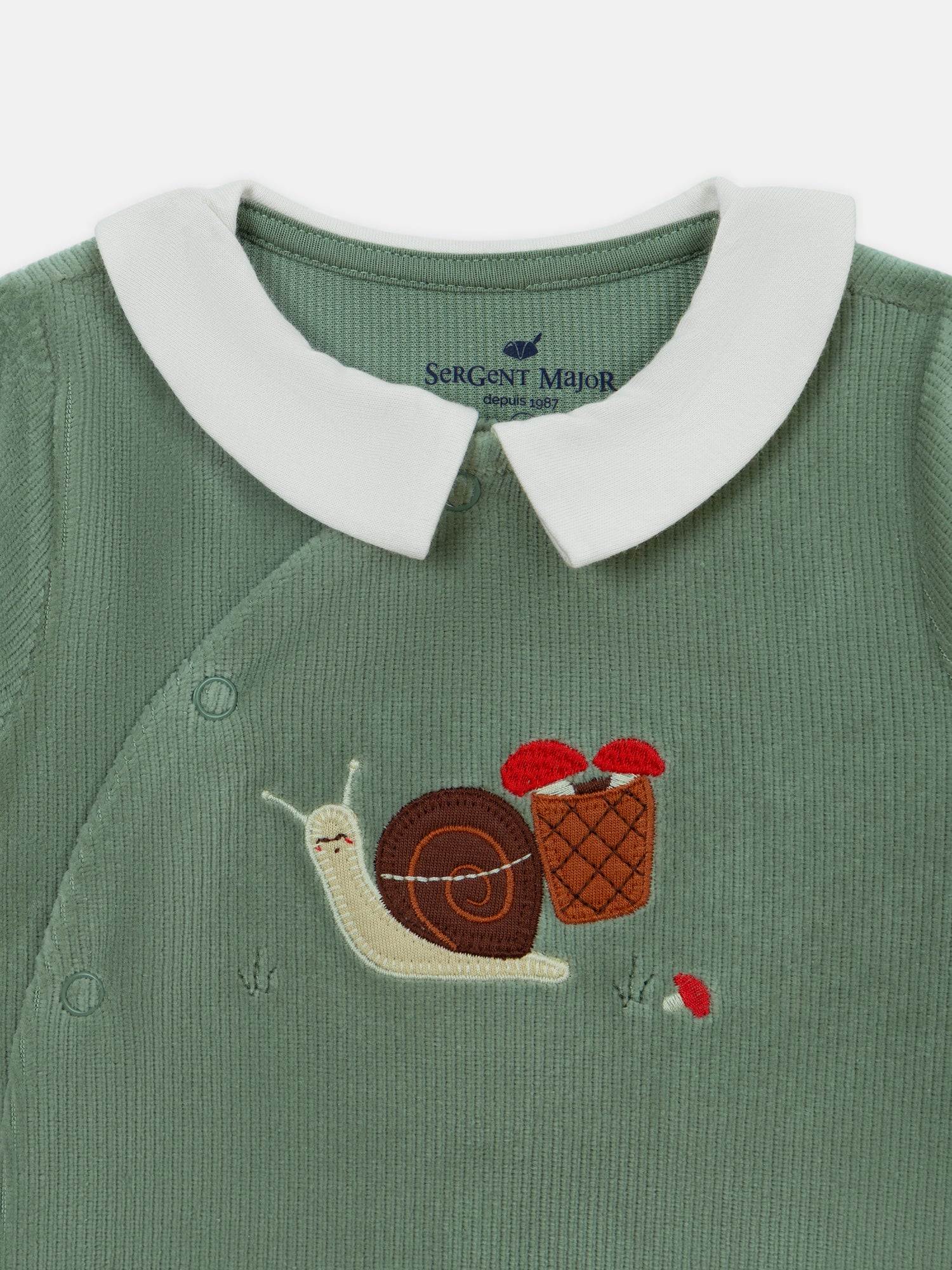 Tutina in velour verde grigiastro con ricamo a forma di lumaca Bambino
