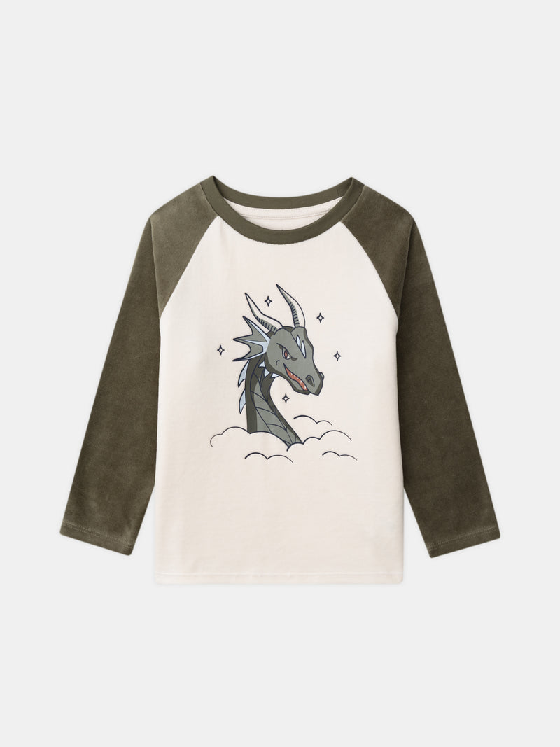 Pyjamas écru et kaki en velours imprimé dragon Garçon