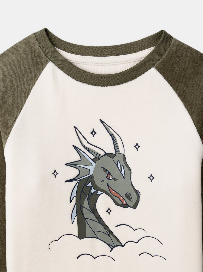 Pyjamas écru et kaki en velours imprimé dragon Garçon