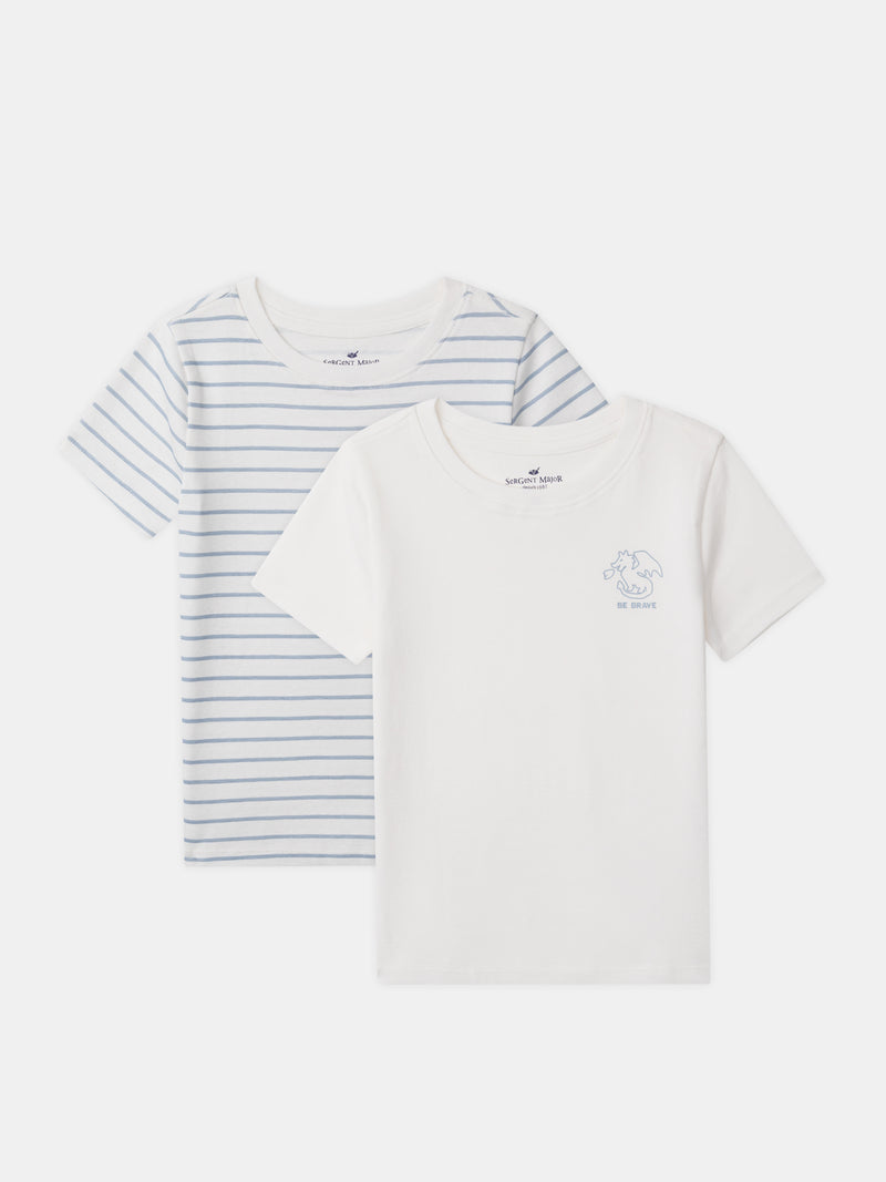 Lot 2 t-shirts écru imprimé dragon ou à rayures bleues Garçon