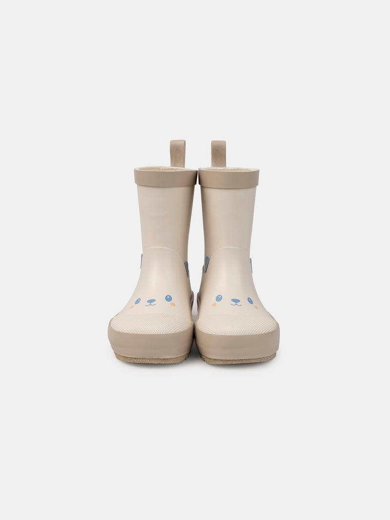 Stivali in gomma beige stampati con testa di orso Bambino