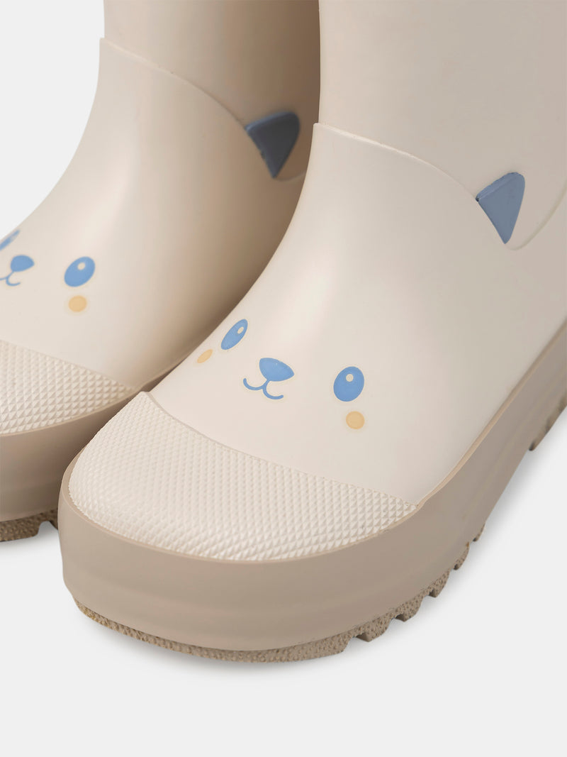 Stivali in gomma beige stampati con testa di orso Bambino