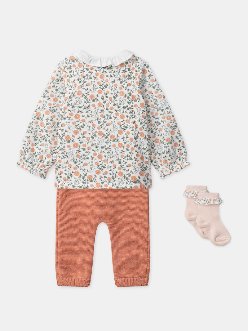 Set di felpa con stampa floreale + leggings + calze per neonata