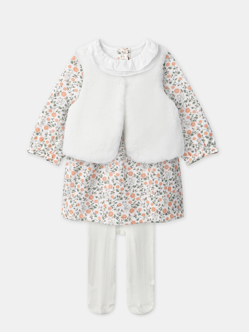 Set vestito con stampa floreale + cardigan + collant per bambina