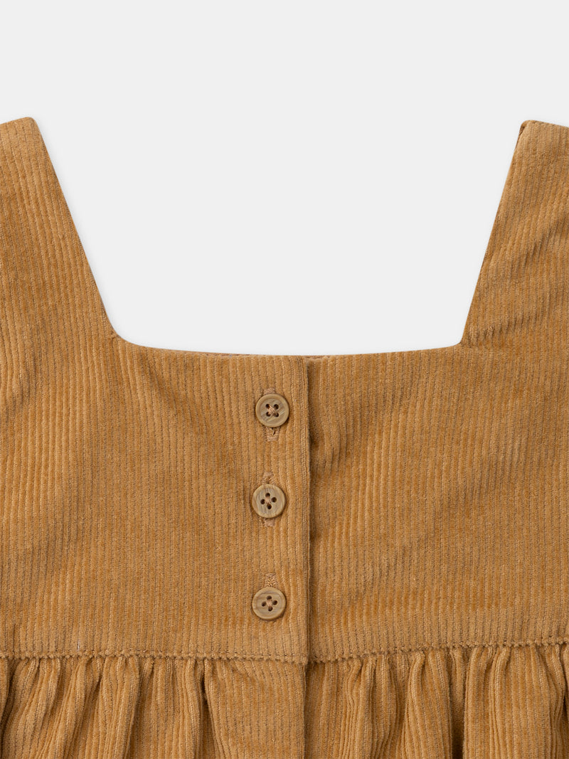 Grembiule marrone in velour con ricami floreali per bambina