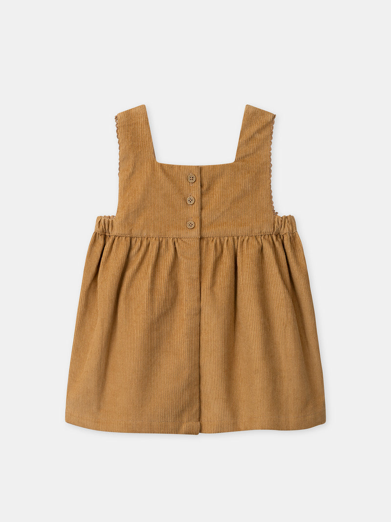 Grembiule marrone in velour con ricami floreali per bambina